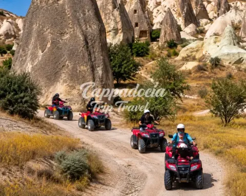 Riders on ATV safari adventure across Cappadocia landscape