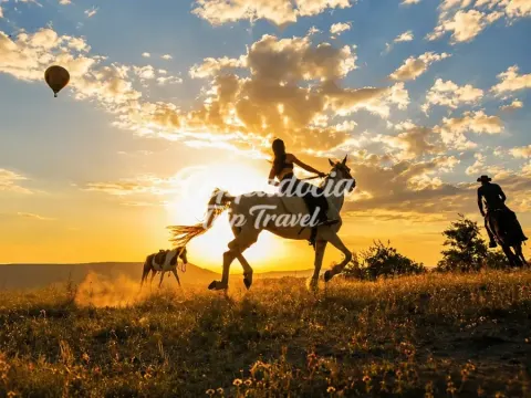 Jinetes recorren los senderos al atardecer en Capadocia