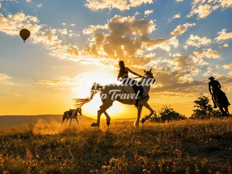 Cavalieri esplorano i sentieri al tramonto in Cappadocia