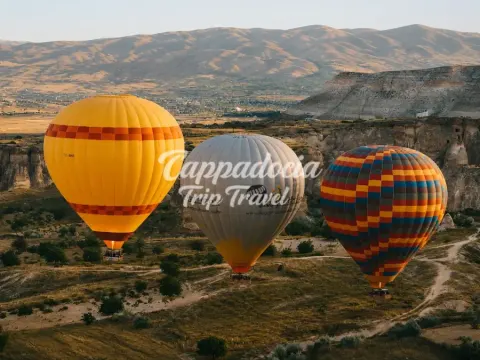 Kapadokya bağları ve volkanik kaya oluşumları üzerinde süzülen sıcak hava balonları